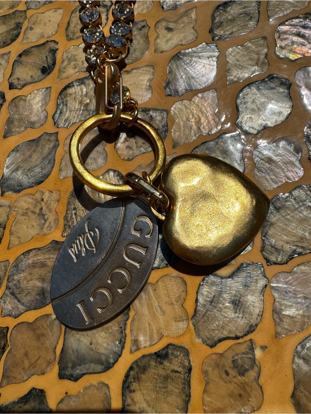 Vintage hardware  Gold Tone Heart and Oval Logo and rhinestone necklace